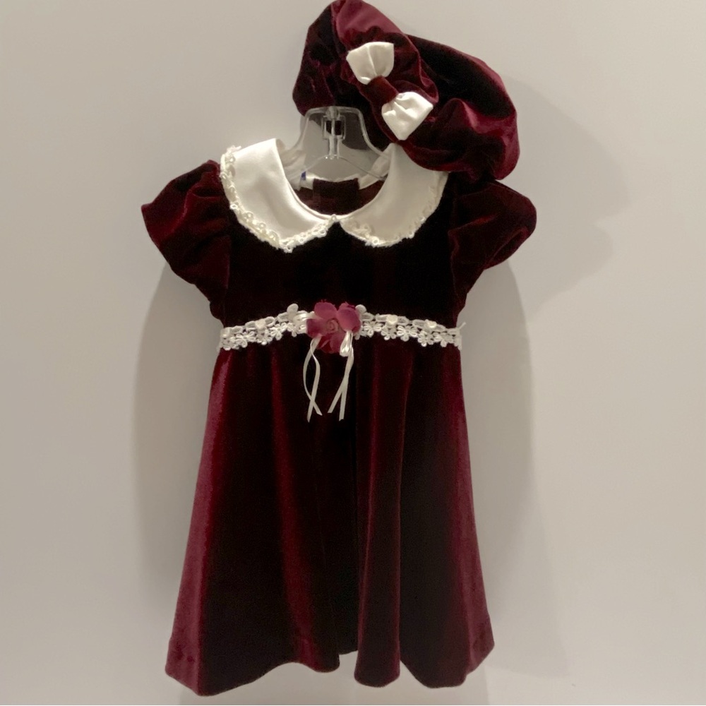 VTG Thomas Baby Girls 18 Mo. Burgundy Velvet Holiday Dress & Hat Set